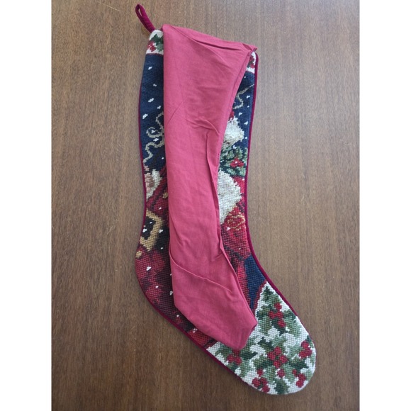 Vintage Wool Needlepoint Christmas Stocking Old World Santa And Holly St Nick - Picture 7 of 7
